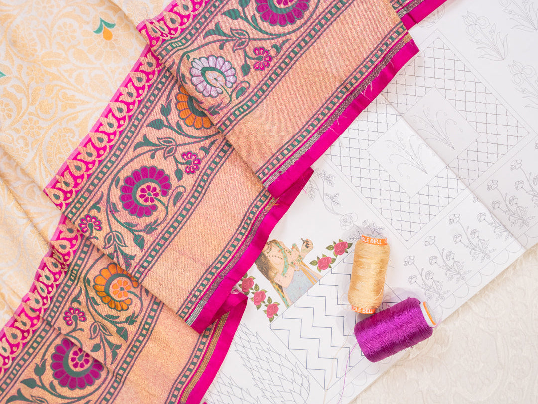 Ecru Silk Tissue Brocade Saree with Ashavali Border