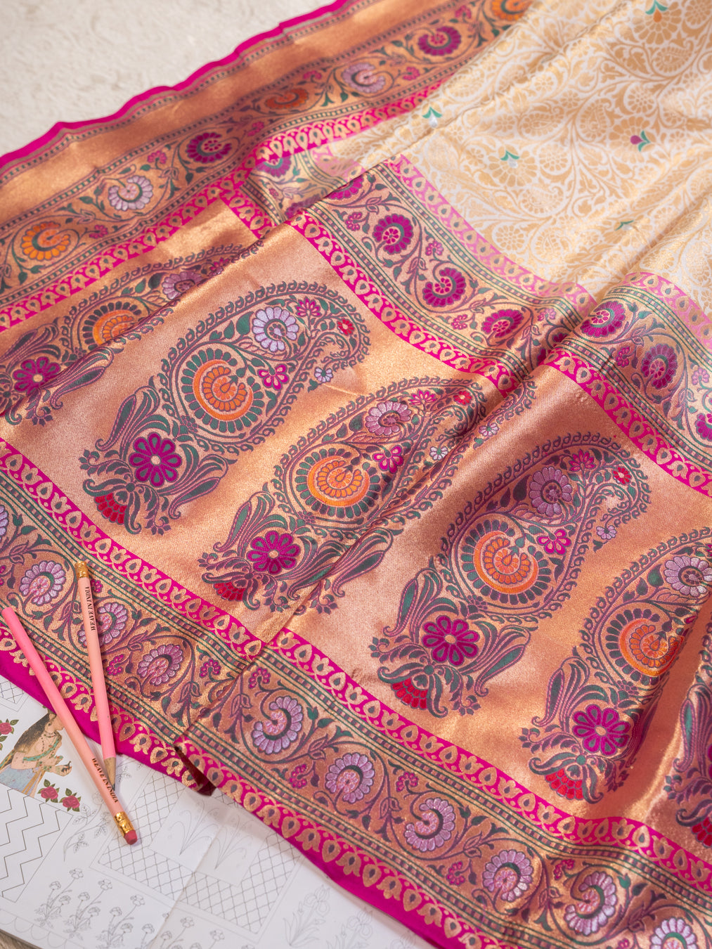 Ecru Silk Tissue Brocade Saree with Ashavali Border