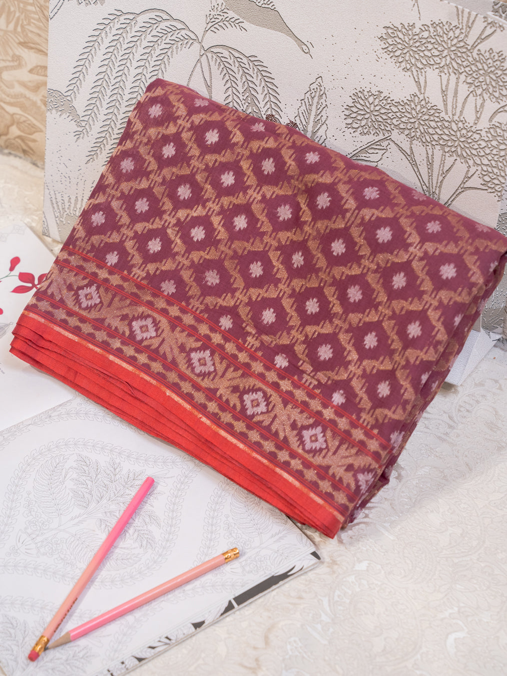 Burgundy Muslin Jamdani Handwoven Saree with All-Over Woven Motifs