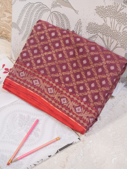 Burgundy Muslin Jamdani Handwoven Saree with All-Over Woven Motifs