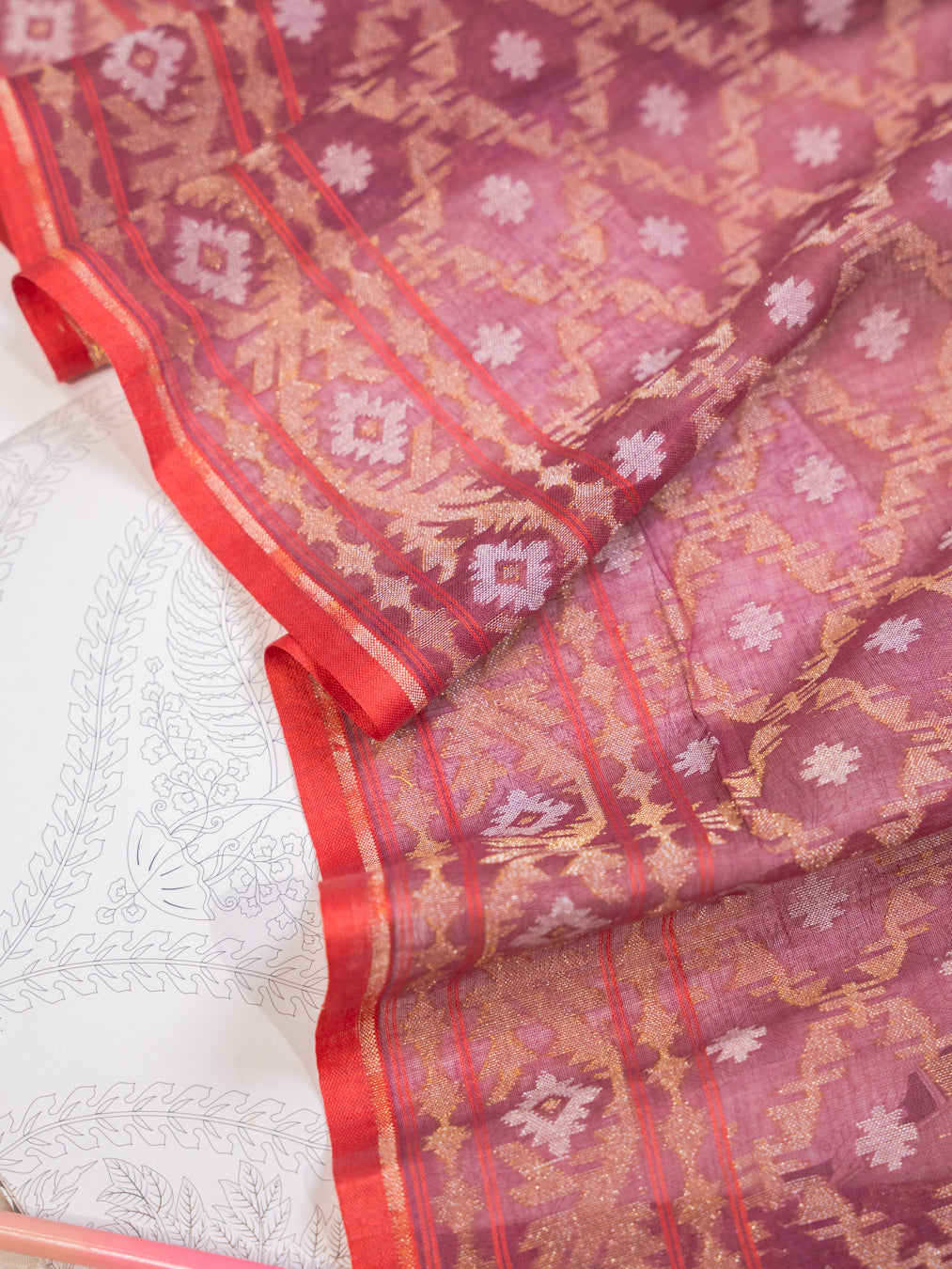 Burgundy Muslin Jamdani Handwoven Saree with All-Over Woven Motifs