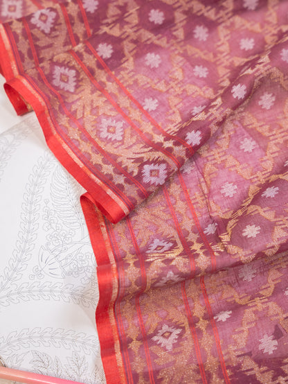 Burgundy Muslin Jamdani Handwoven Saree with All-Over Woven Motifs