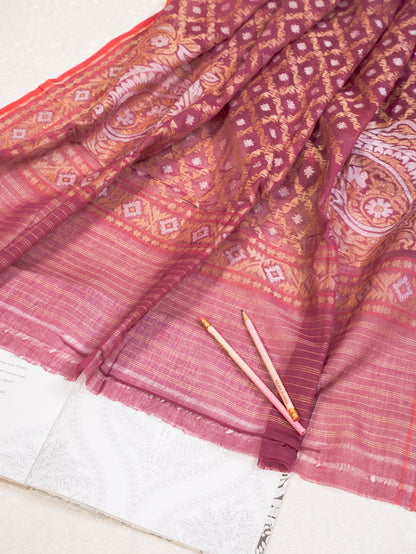 Burgundy Muslin Jamdani Handwoven Saree with All-Over Woven Motifs