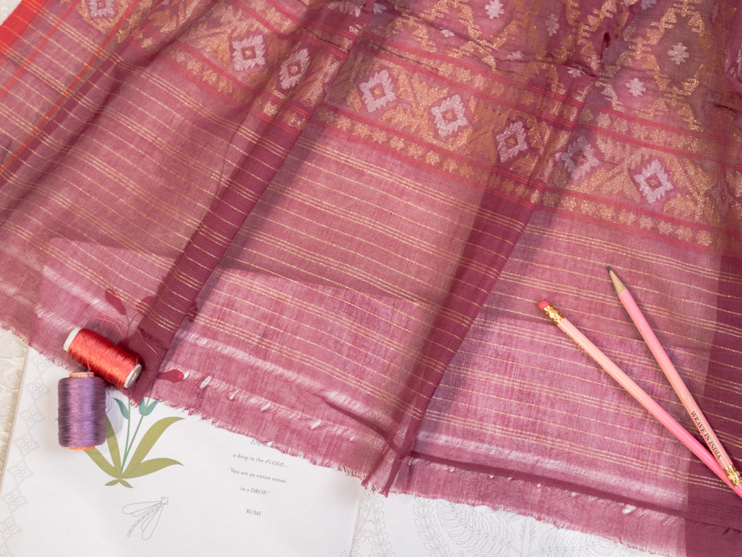 Burgundy Muslin Jamdani Handwoven Saree with All-Over Woven Motifs