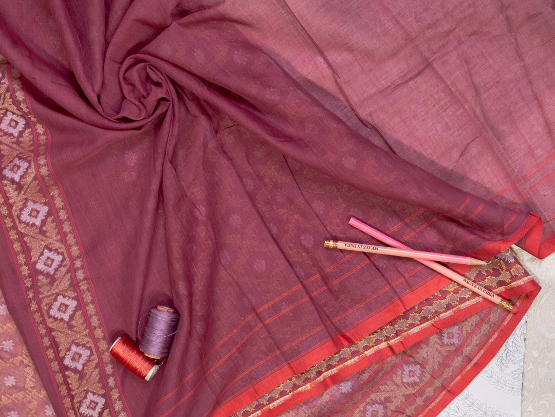 Burgundy Muslin Jamdani Handwoven Saree with All-Over Woven Motifs