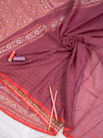 Burgundy Muslin Jamdani Handwoven Saree with All-Over Woven Motifs
