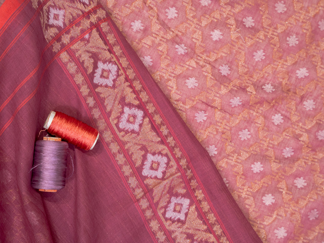 Burgundy Muslin Jamdani Handwoven Saree with All-Over Woven Motifs