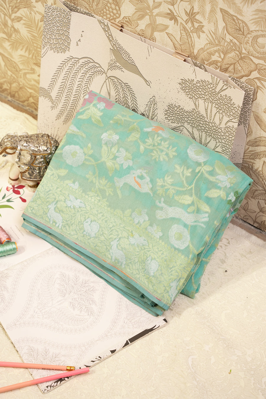 Aqua Muslin Jamdhani Saree with Floral Woven Motifs