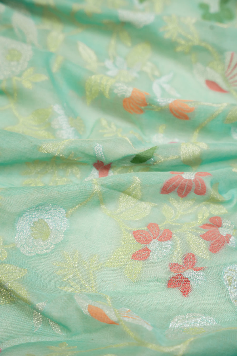 Aqua Muslin Jamdhani Saree with Floral Woven Motifs