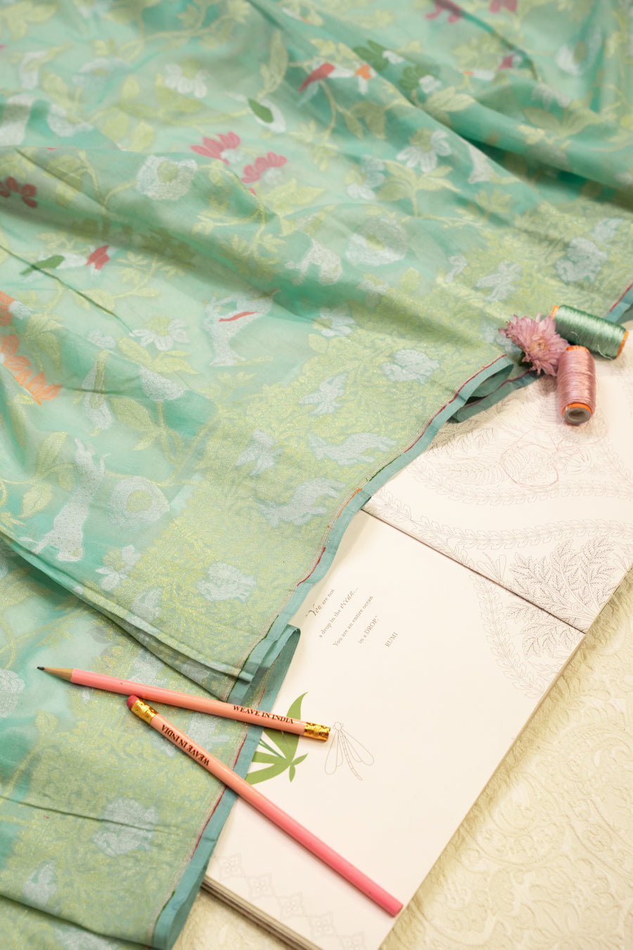 Aqua Muslin Jamdhani Saree with Floral Woven Motifs