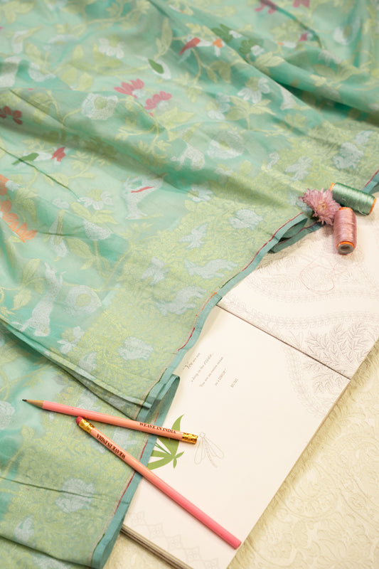 Aqua Muslin Jamdhani Saree with Floral Woven Motifs