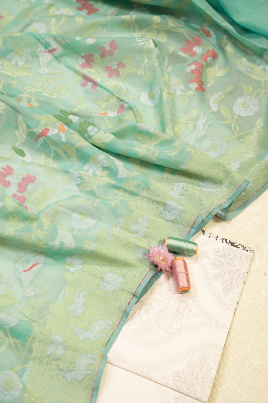 Aqua Muslin Jamdhani Saree with Floral Woven Motifs