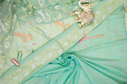 Aqua Muslin Jamdhani Saree with Floral Woven Motifs