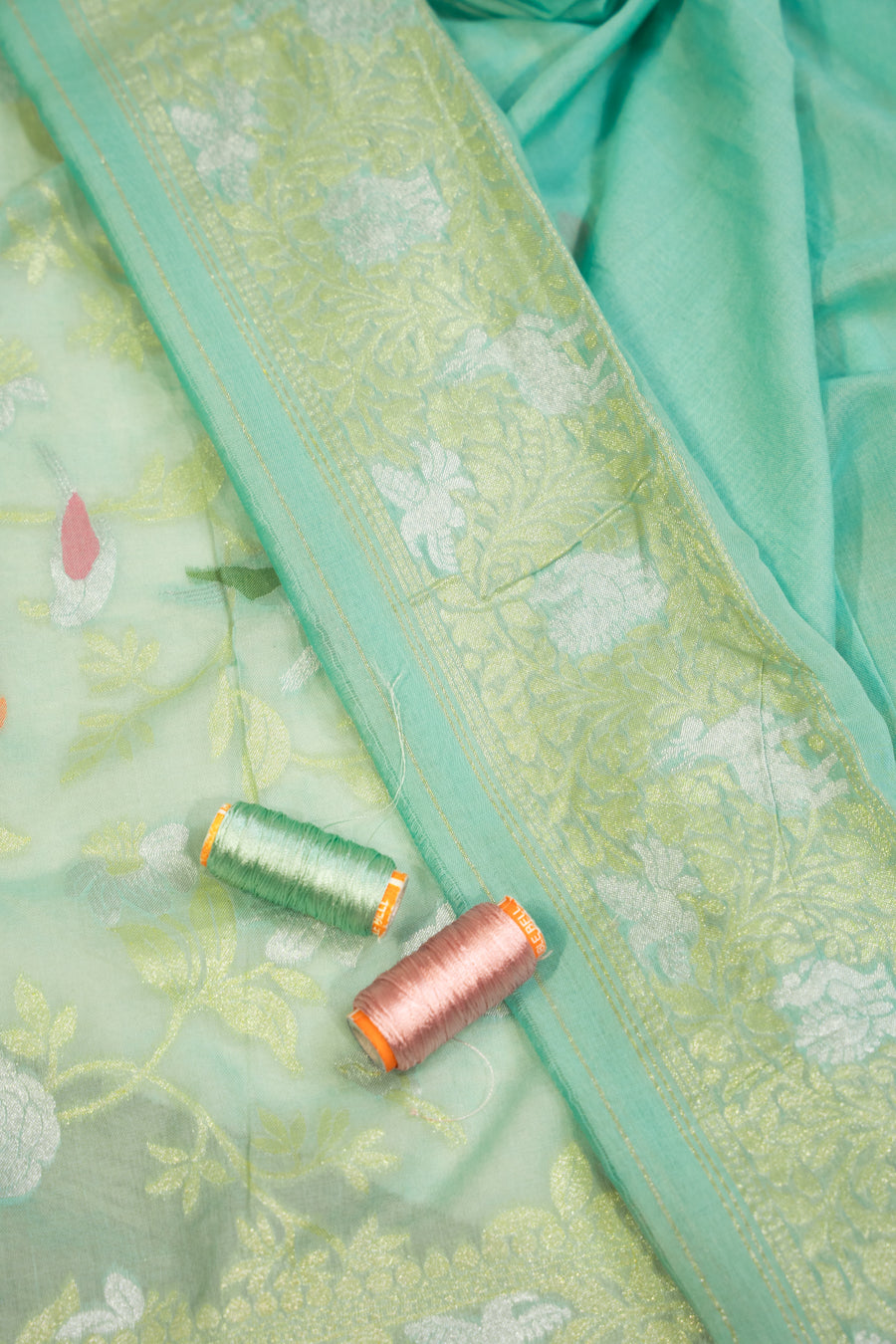 Aqua Muslin Jamdhani Saree with Floral Woven Motifs
