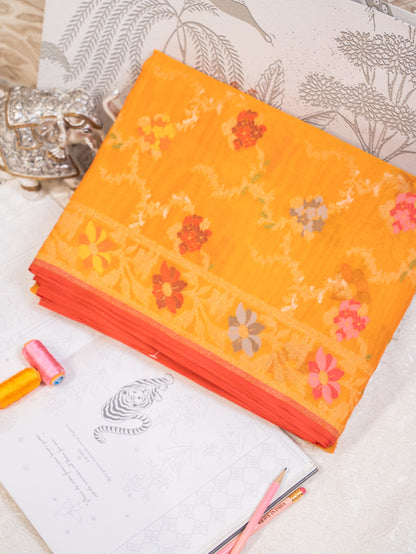 Mustard Yellow Muslin Jamdhani Saree with Floral Woven Motifs