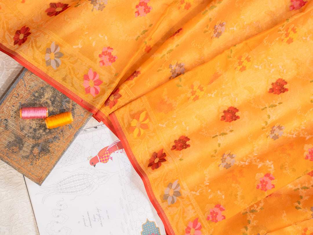 Mustard Yellow Muslin Jamdhani Saree with Floral Woven Motifs