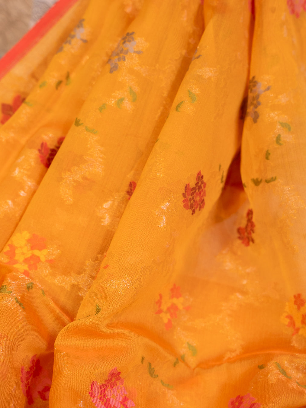 Mustard Yellow Muslin Jamdhani Saree with Floral Woven Motifs