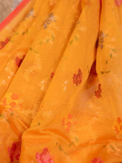 Mustard Yellow Muslin Jamdhani Saree with Floral Woven Motifs