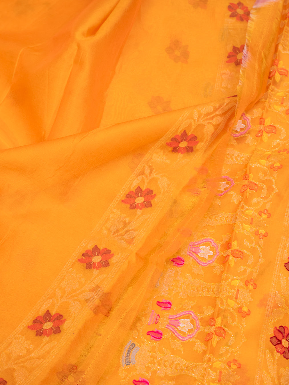 Mustard Yellow Muslin Jamdhani Saree with Floral Woven Motifs
