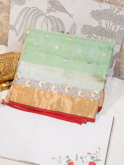 Mint Green Silk Organza Saree with All Over Buttis and Silver Zardozi Border