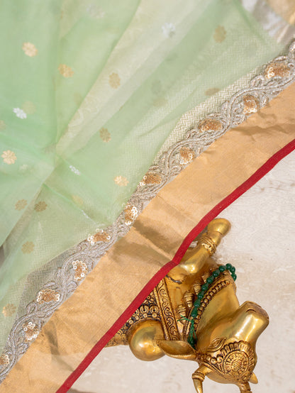 Mint Green Silk Organza Saree with All Over Buttis and Silver Zardozi Border