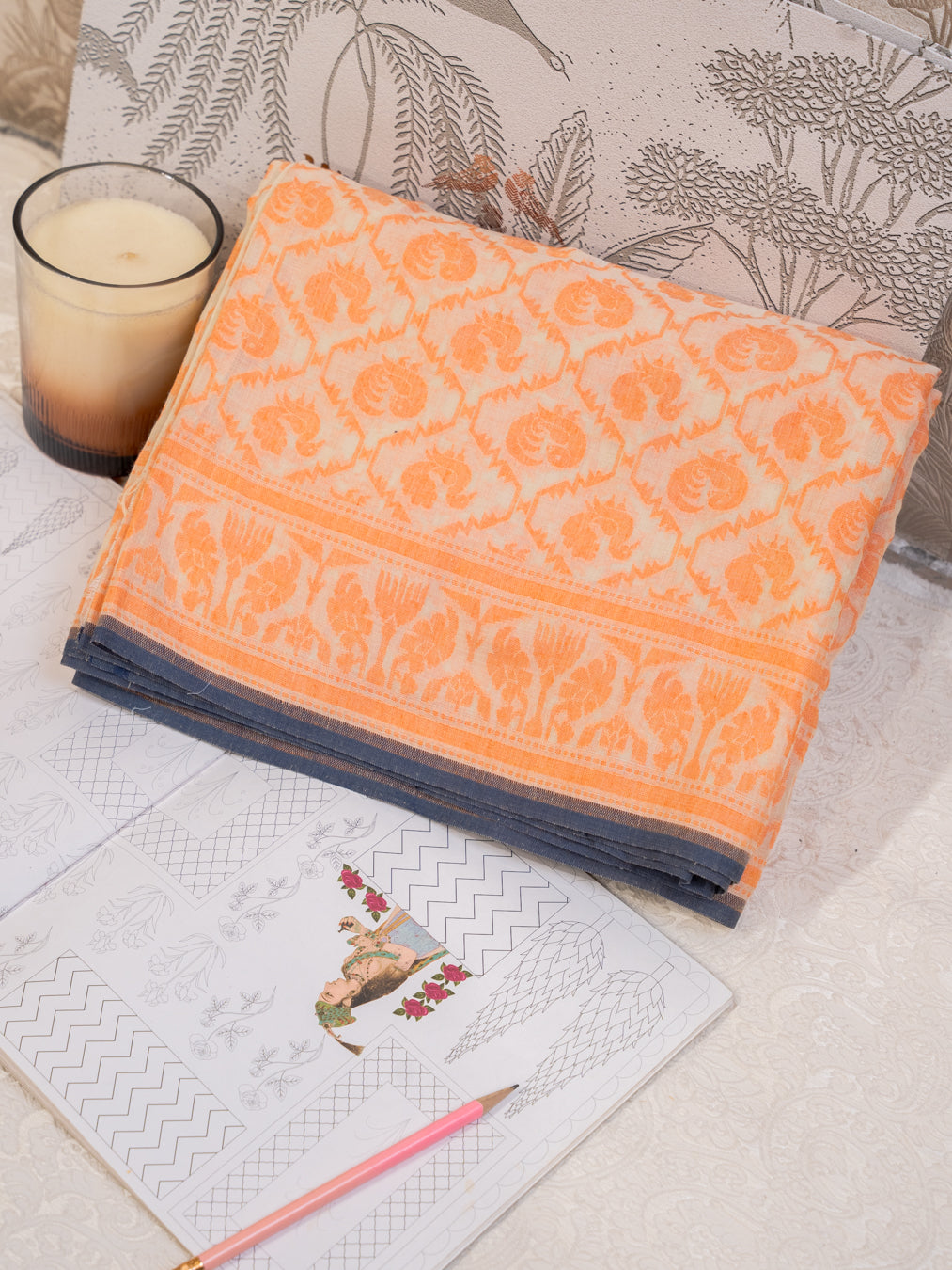 Orange Soft Cotton Saree with All Over Motifs