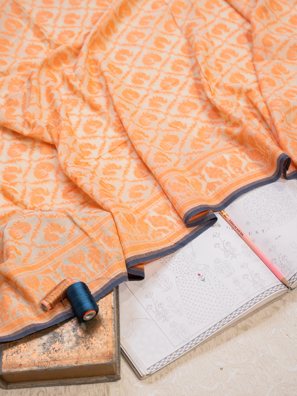Orange Soft Cotton Saree with All Over Motifs
