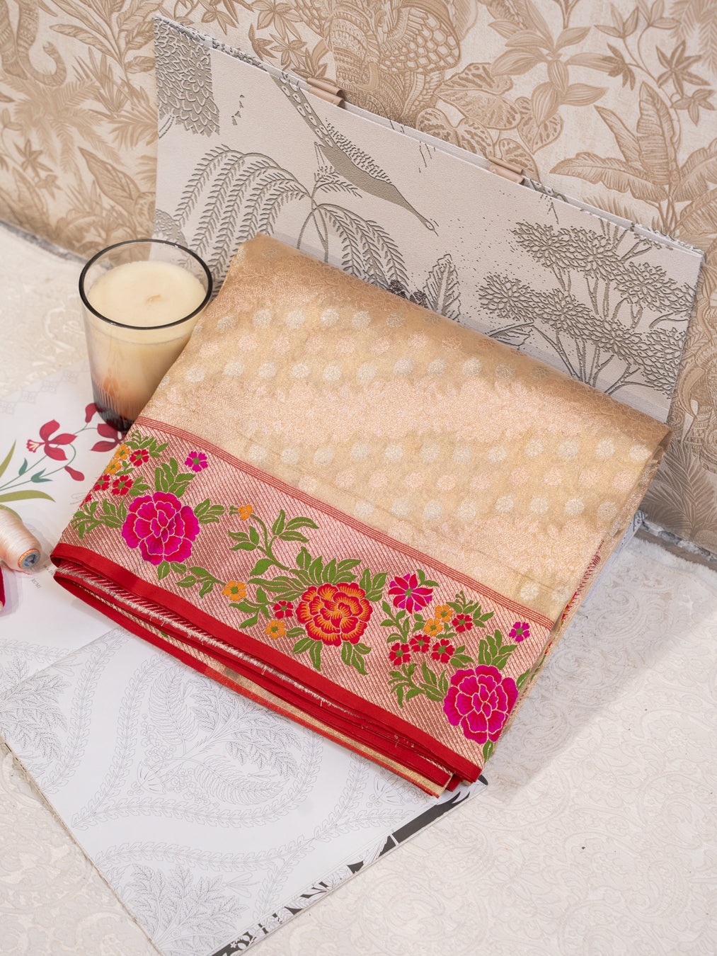 Golden Banarasi Tissue Silk Saree with Meenakari Border