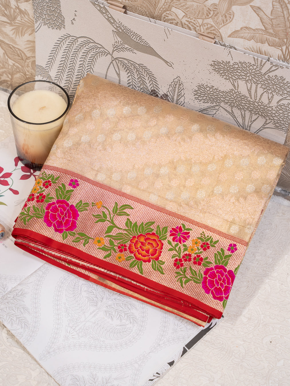 Golden Banarasi Tissue Silk Saree with Meenakari Border