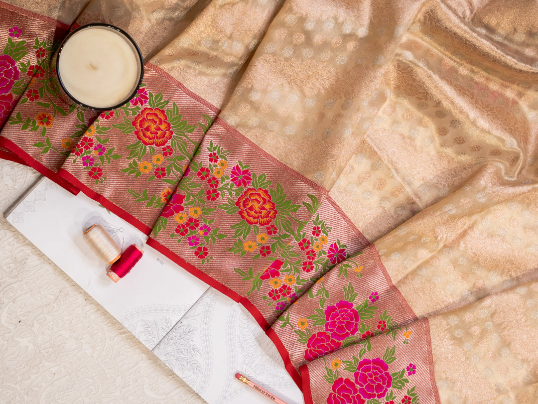 Golden Banarasi Tissue Silk Saree with Meenakari Border