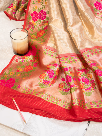 Golden Banarasi Tissue Silk Saree with Meenakari Border