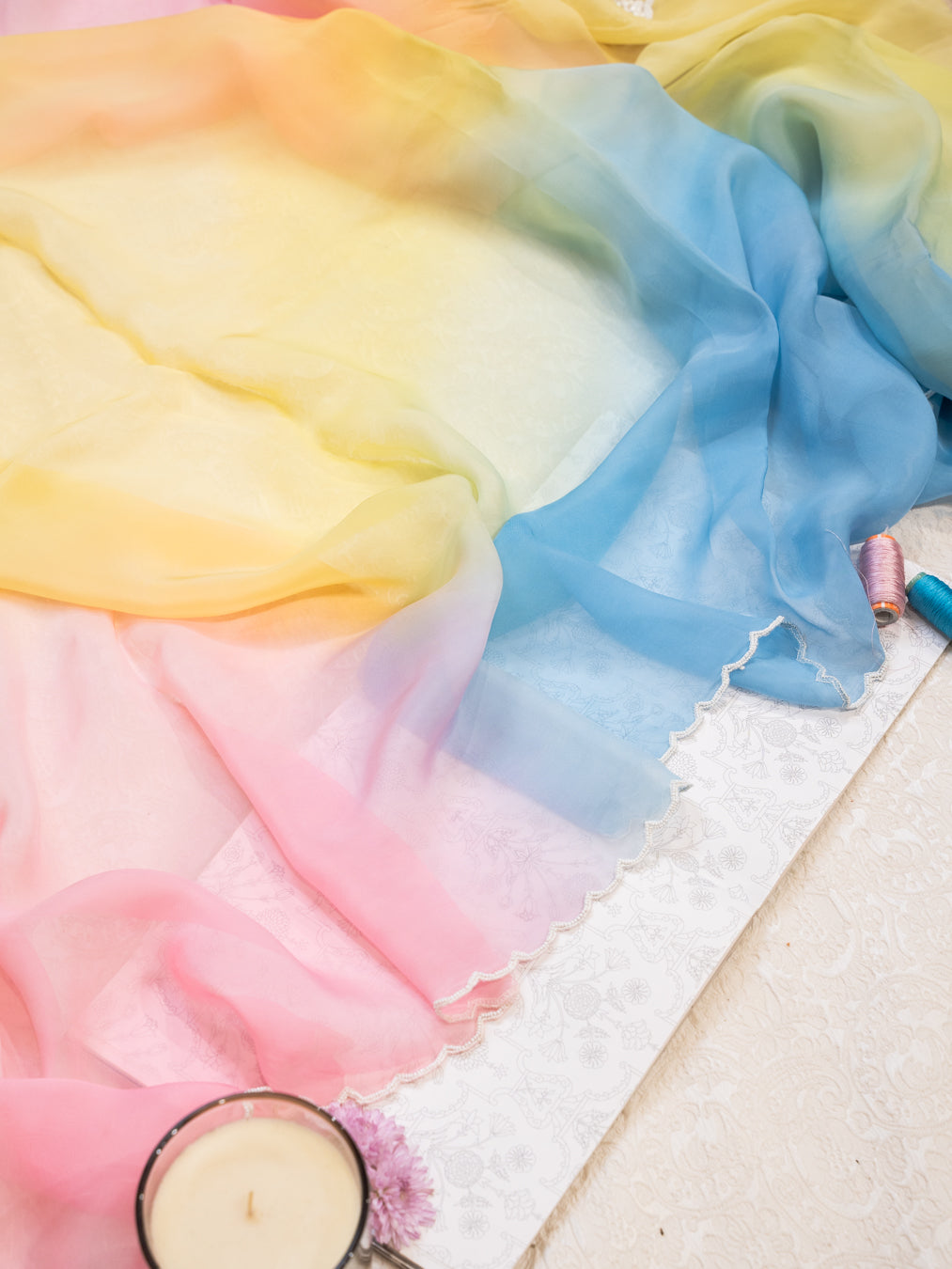 Ombre Yellow Tie Dye Organza Saree with Beaded Embroidery