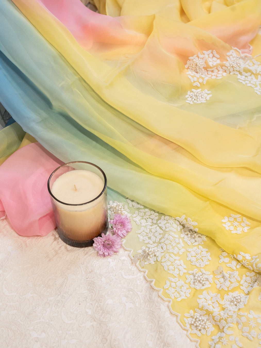 Ombre Yellow Tie Dye Organza Saree with Beaded Embroidery