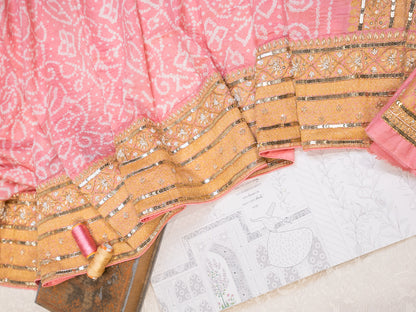 Light Pink Chiffon Silk Bandhani Saree with Heavy Zardozi Border and Pallu