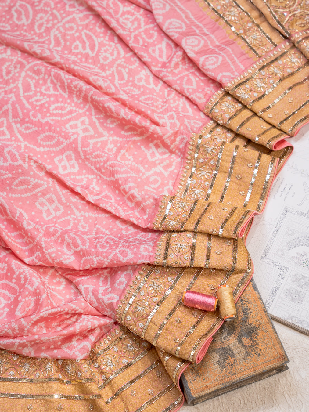 Light Pink Chiffon Silk Bandhani Saree with Heavy Zardozi Border and Pallu
