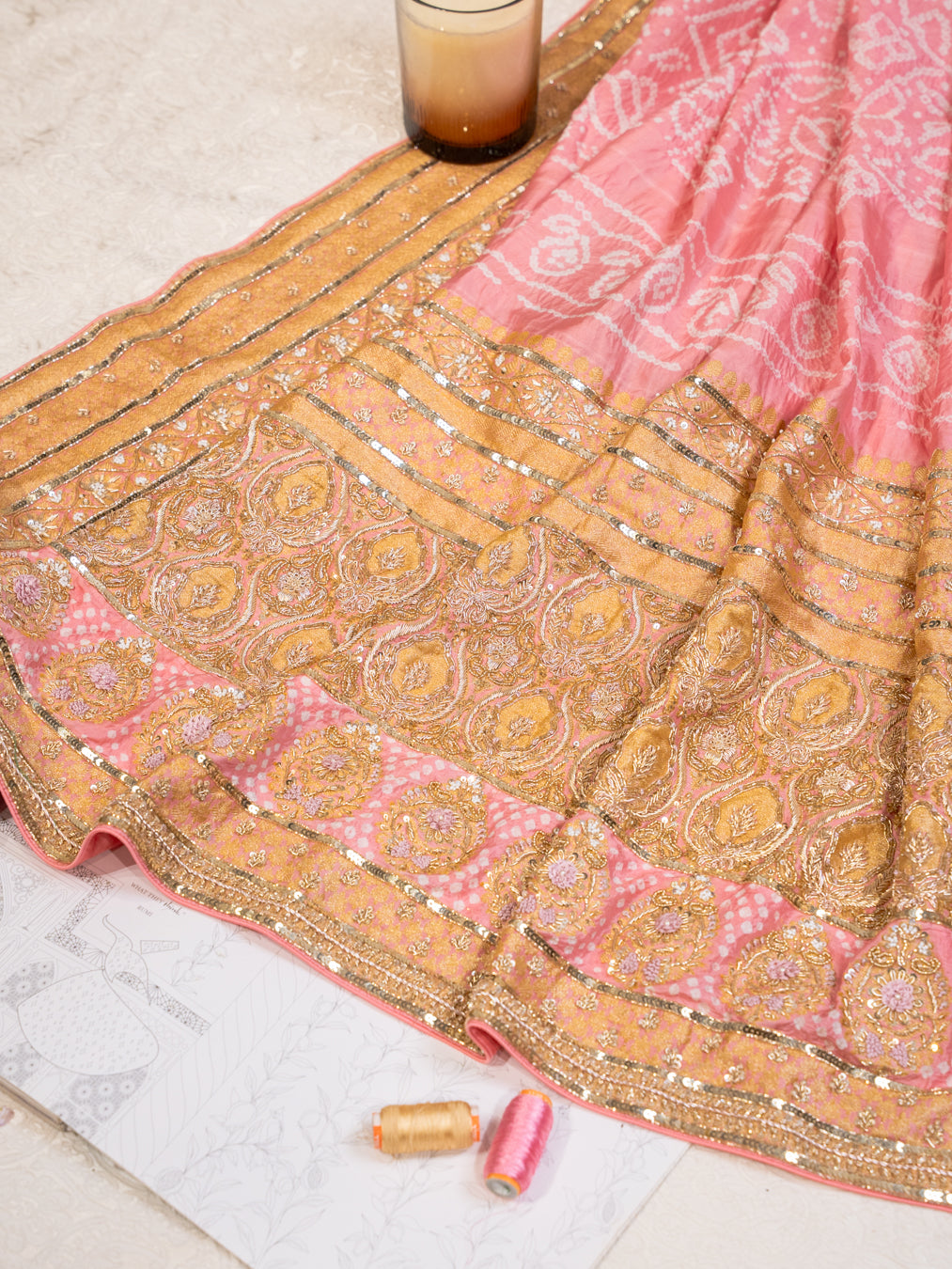 Light Pink Chiffon Silk Bandhani Saree with Heavy Zardozi Border and Pallu