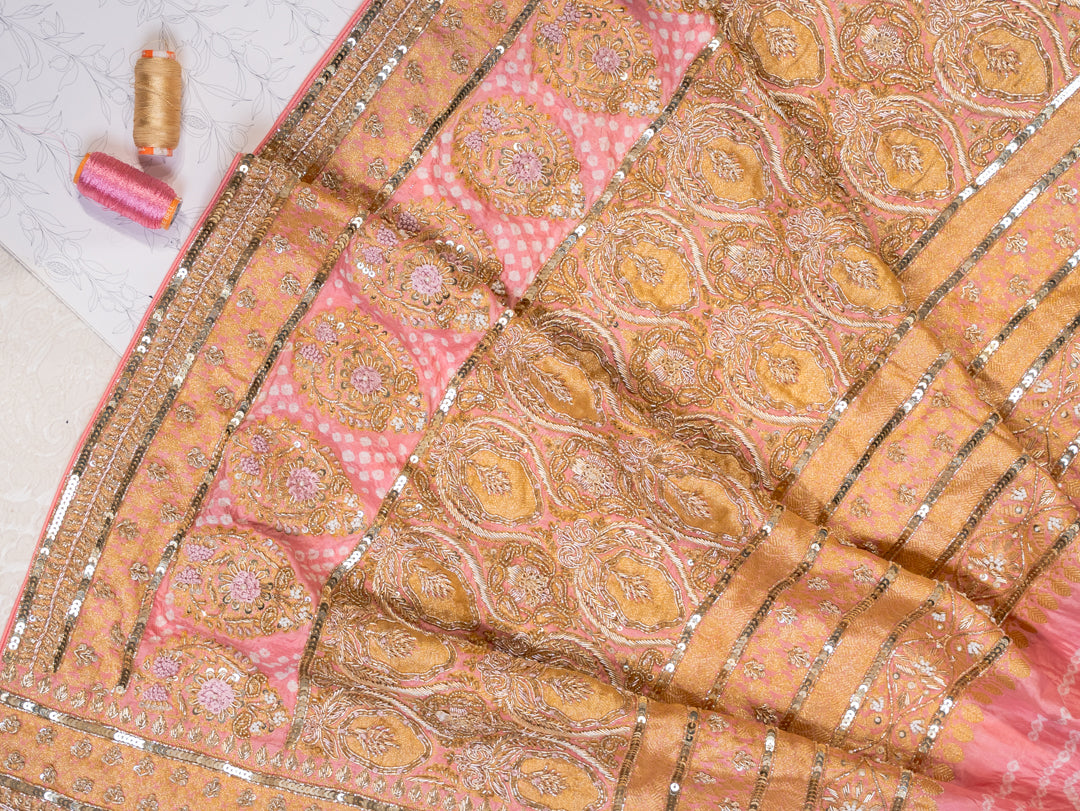 Light Pink Chiffon Silk Bandhani Saree with Heavy Zardozi Border and Pallu