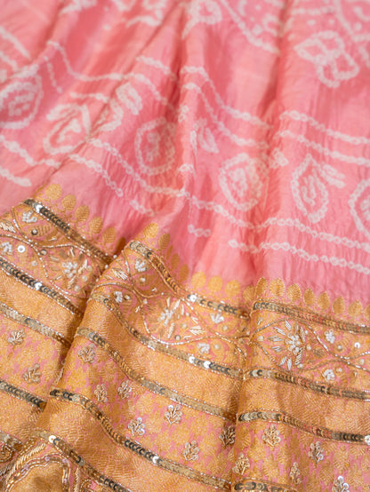 Light Pink Chiffon Silk Bandhani Saree with Heavy Zardozi Border and Pallu