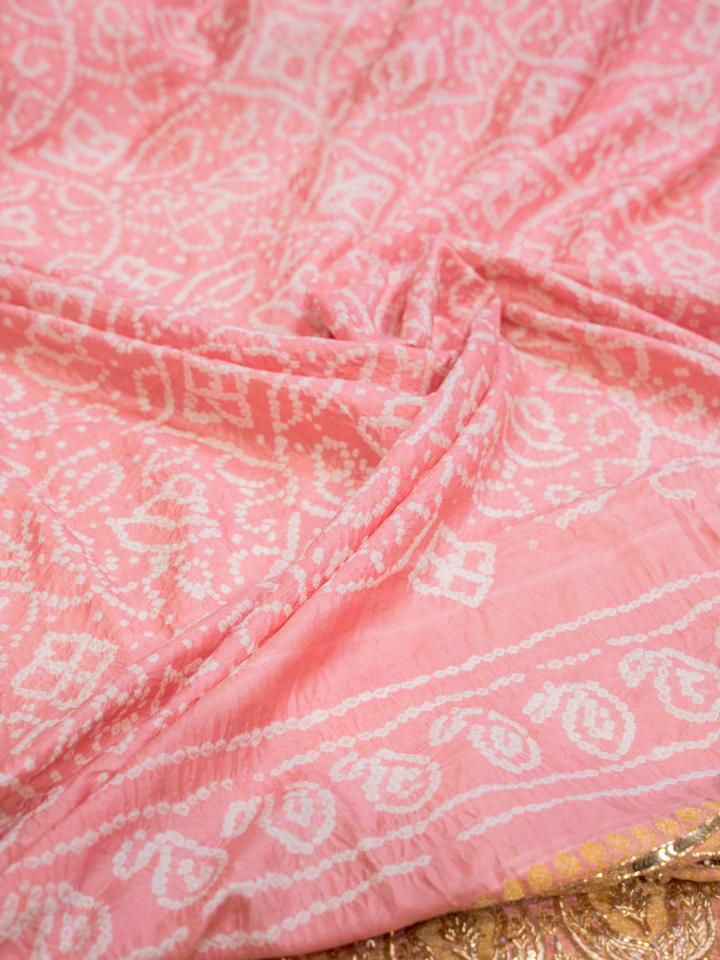 Light Pink Chiffon Silk Bandhani Saree with Heavy Zardozi Border and Pallu