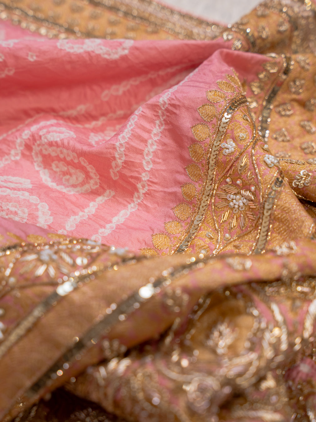 Light Pink Chiffon Silk Bandhani Saree with Heavy Zardozi Border and Pallu