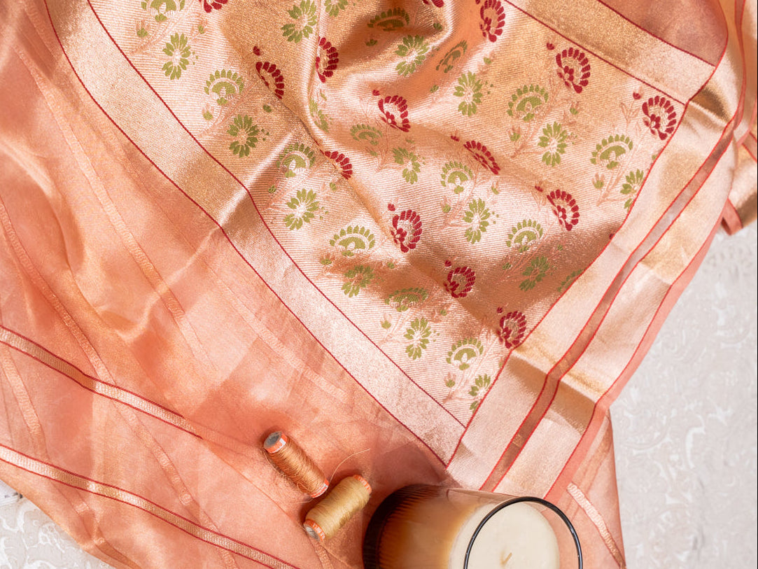 Peach Silk Tissue Saree with Golden Border and All Over Buttis