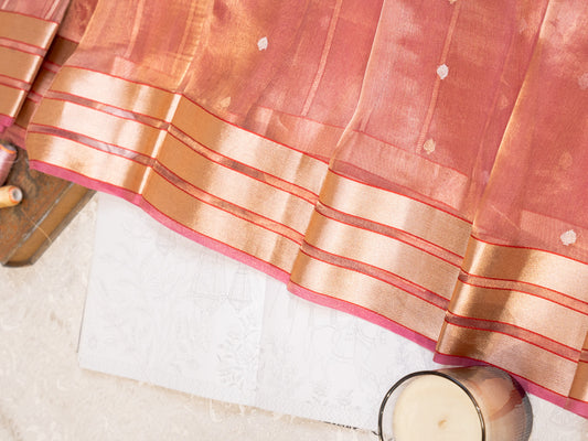 Coral Silk Tissue Saree with Golden Border and All Over Buttis