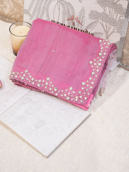 Pink and Silver Chanderi Silk Half and Half Saree with Pearl Embroidered Border