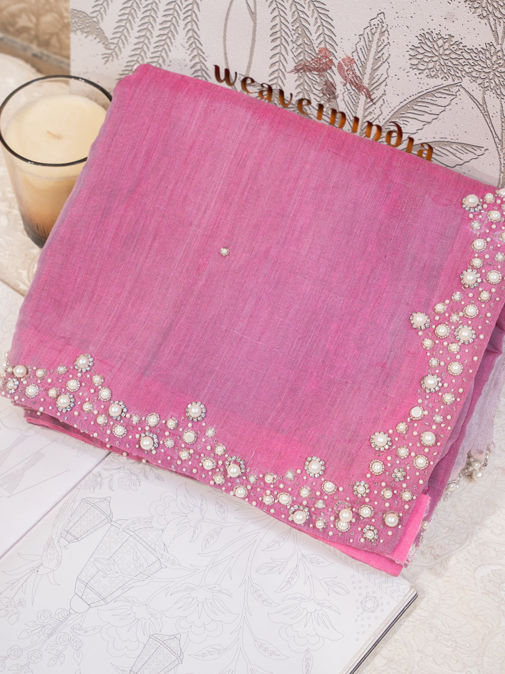 Pink and Silver Chanderi Silk Half and Half Saree with Pearl Embroidered Border