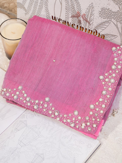 Pink and Silver Chanderi Silk Half and Half Saree with Pearl Embroidered Border