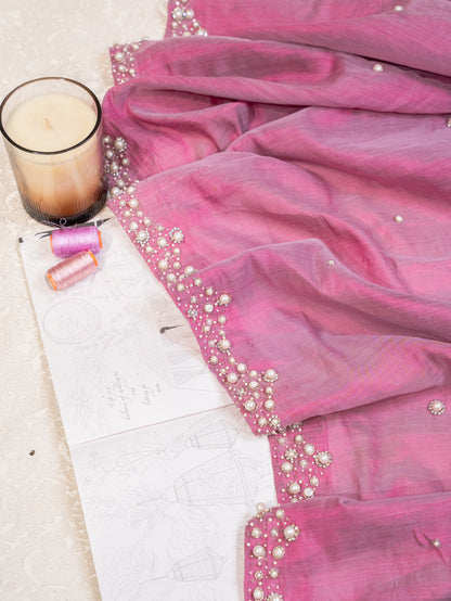 Pink and Silver Chanderi Silk Half and Half Saree with Pearl Embroidered Border