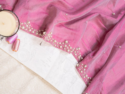 Pink and Silver Chanderi Silk Half and Half Saree with Pearl Embroidered Border