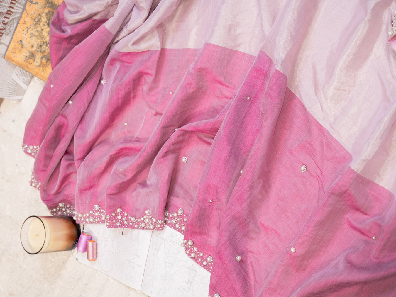 Pink and Silver Chanderi Silk Half and Half Saree with Pearl Embroidered Border