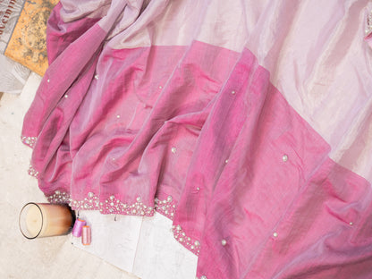 Pink and Silver Chanderi Silk Half and Half Saree with Pearl Embroidered Border