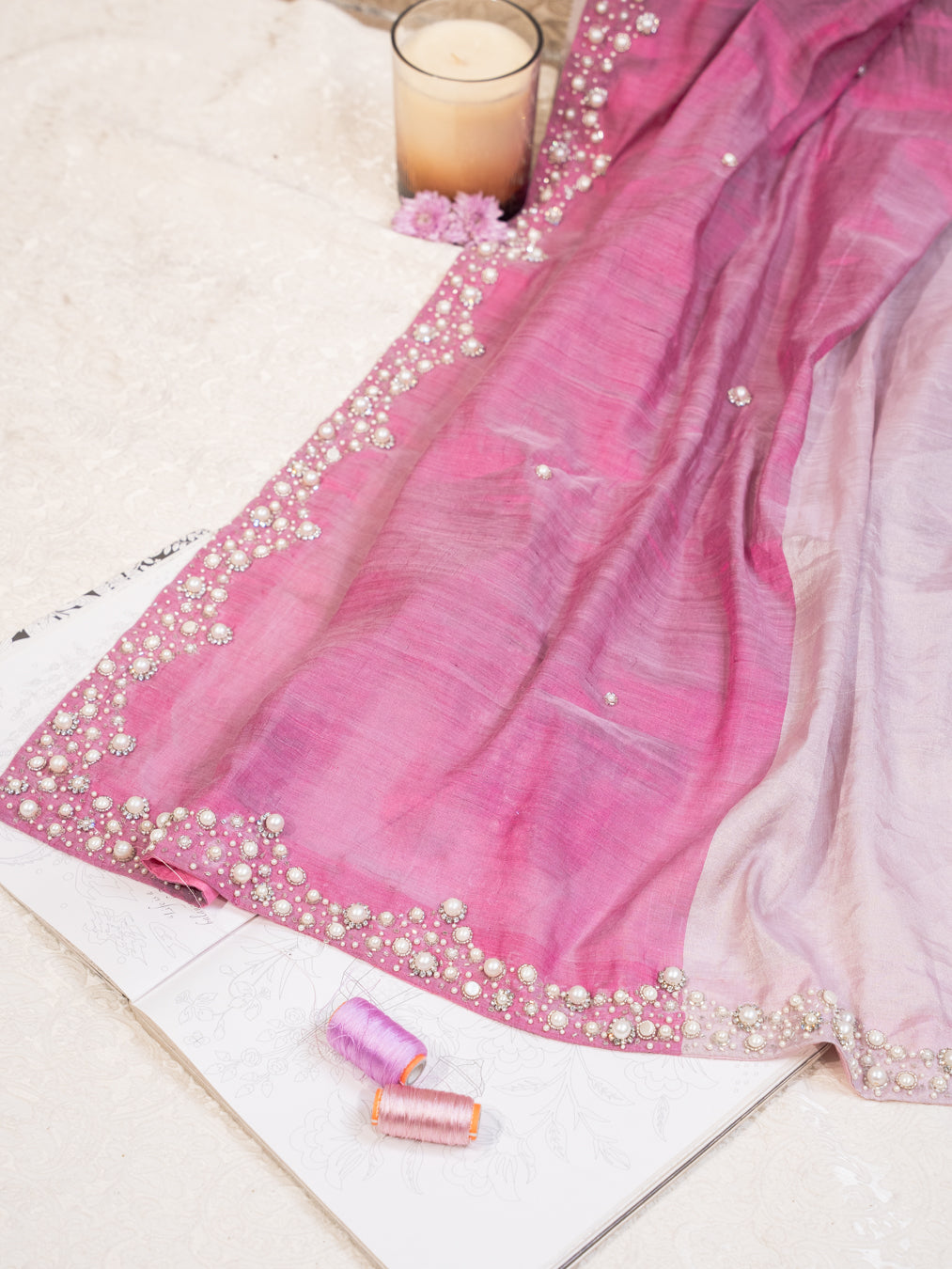 Pink and Silver Chanderi Silk Half and Half Saree with Pearl Embroidered Border